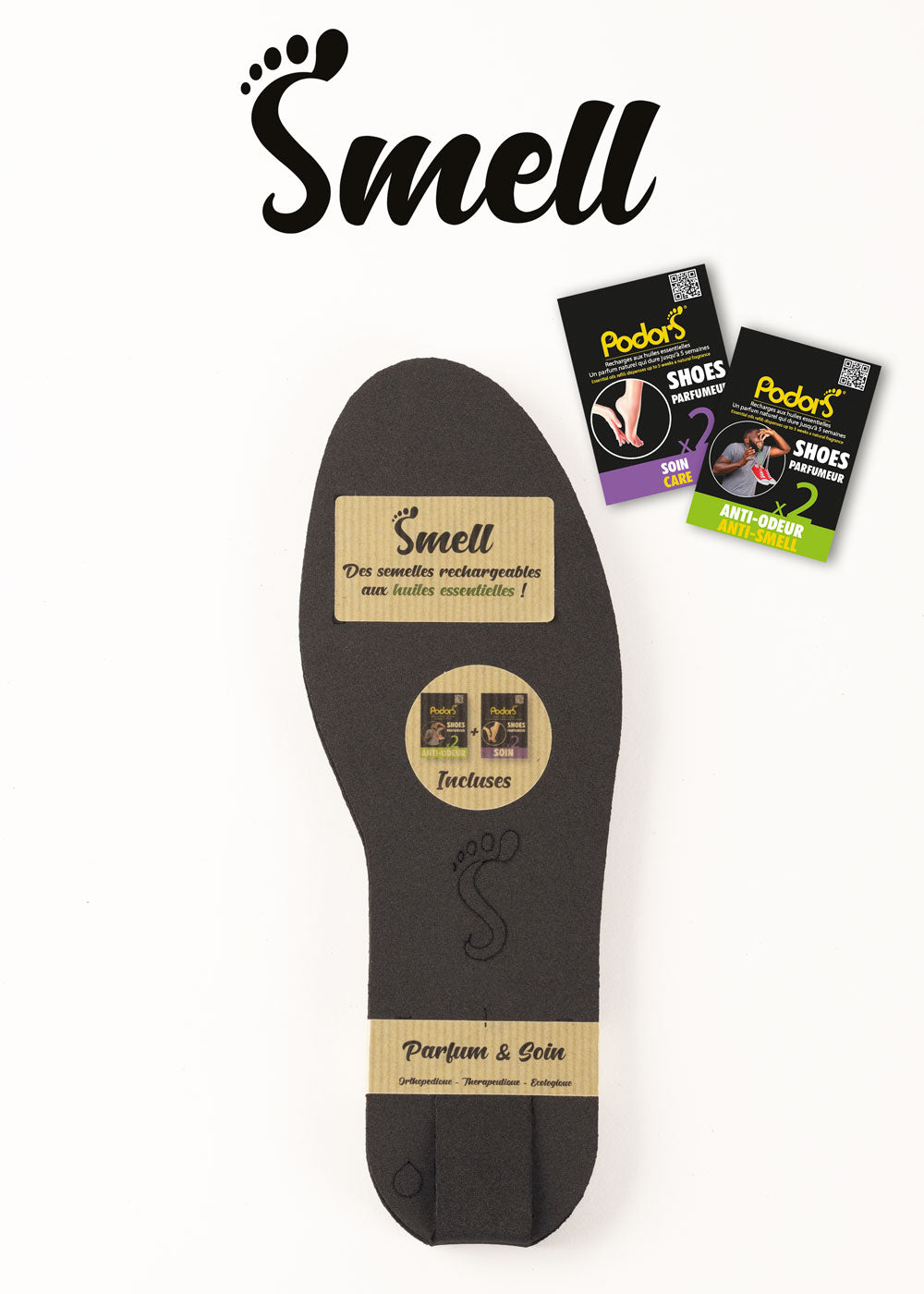 Smell®: Semelles rechargeables aux huiles essentielles + 2 recharges incluses (soin et anti-odeur)